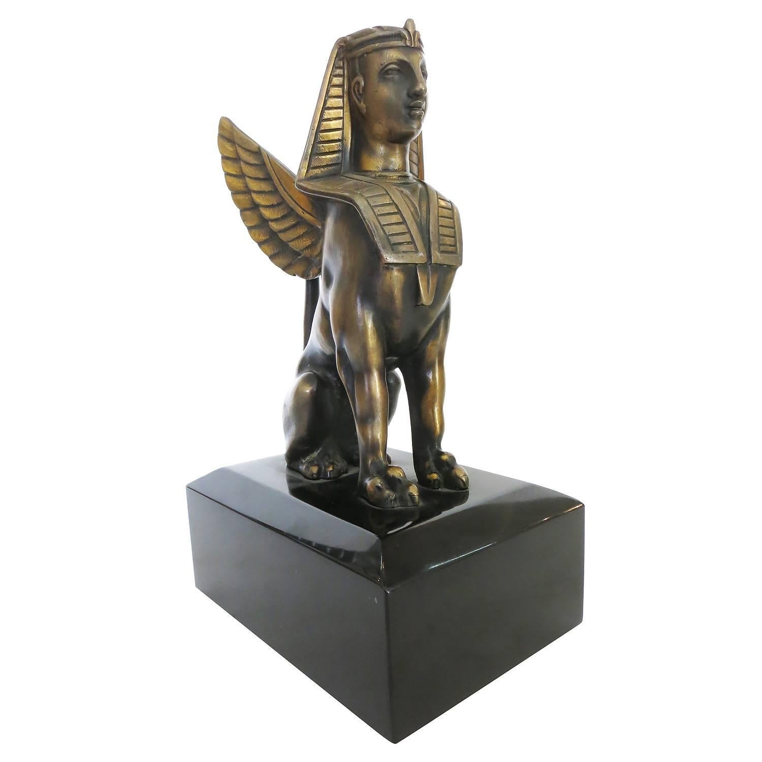 Egyptian Style Bronze Sphinx Griffin Bookend Sculpture Figurines In Excellent Condition In Van Nuys, CA