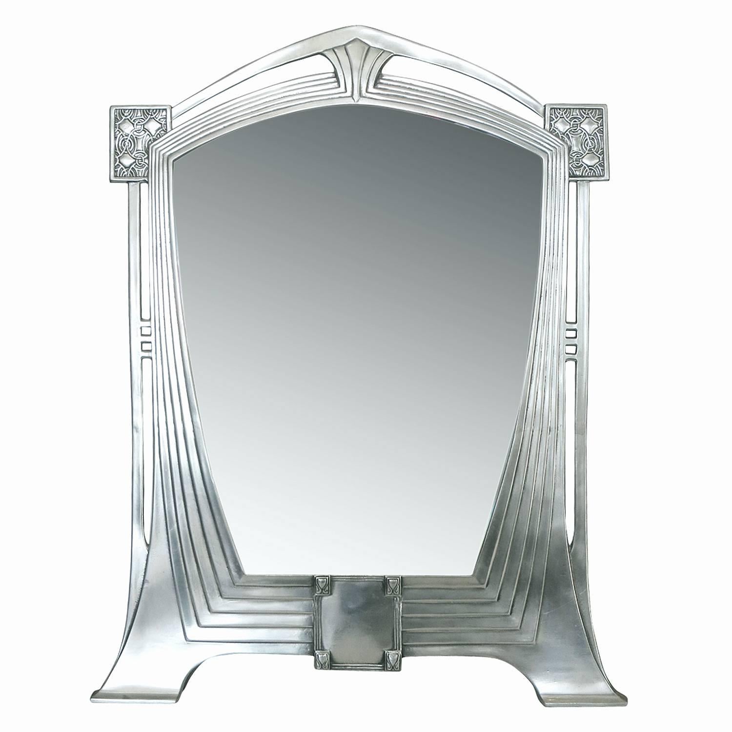 Art Nouveau Style Pewter table mirror. Cast in heavy solid pewter and highly polished with a solid Wood back. 

Foundry marks on back, Unsigned. Imported from France.

Product Handcrafted in the USA with the highest quality materials and over 30