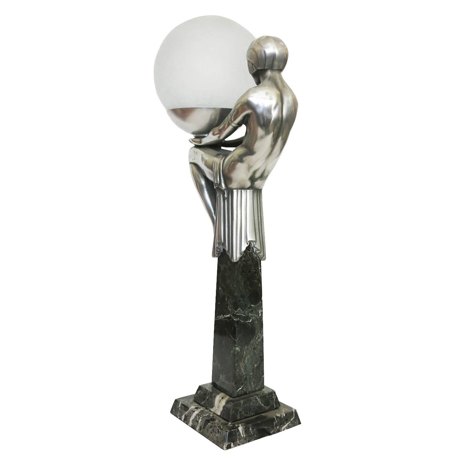 American French Max Le Verrier Style Nude Flapper Obelisk Lamp