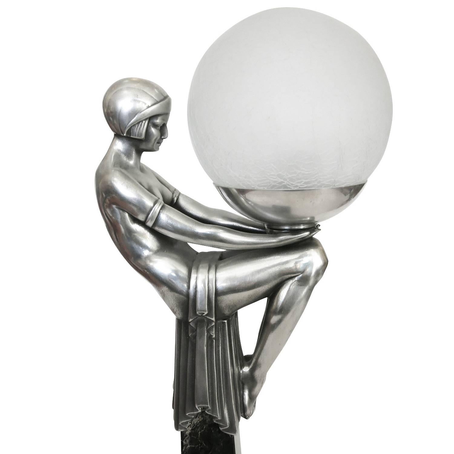 Art Deco French Max Le Verrier Style Nude Flapper Obelisk Lamp