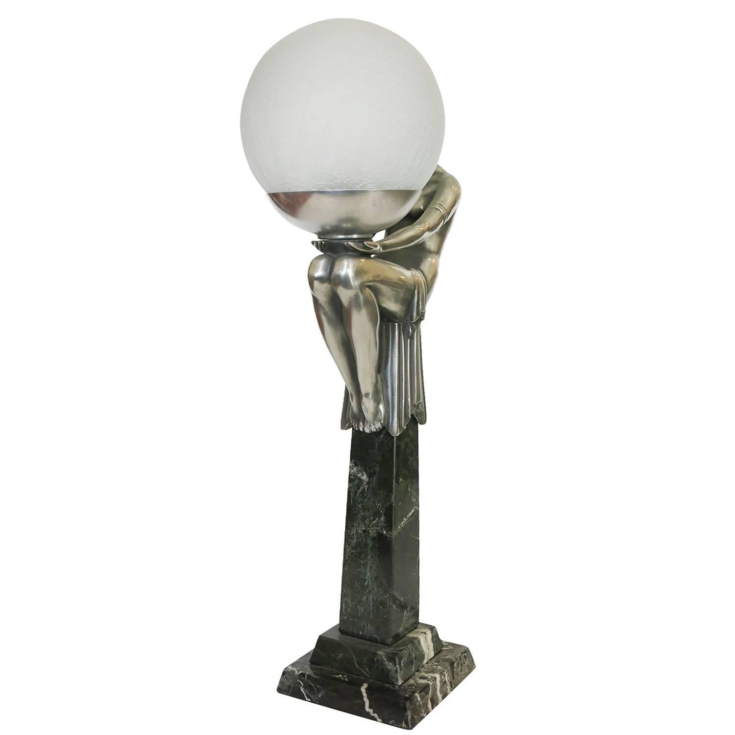 French Max Le Verrier Style Nude Flapper Obelisk Lamp In Excellent Condition In Van Nuys, CA