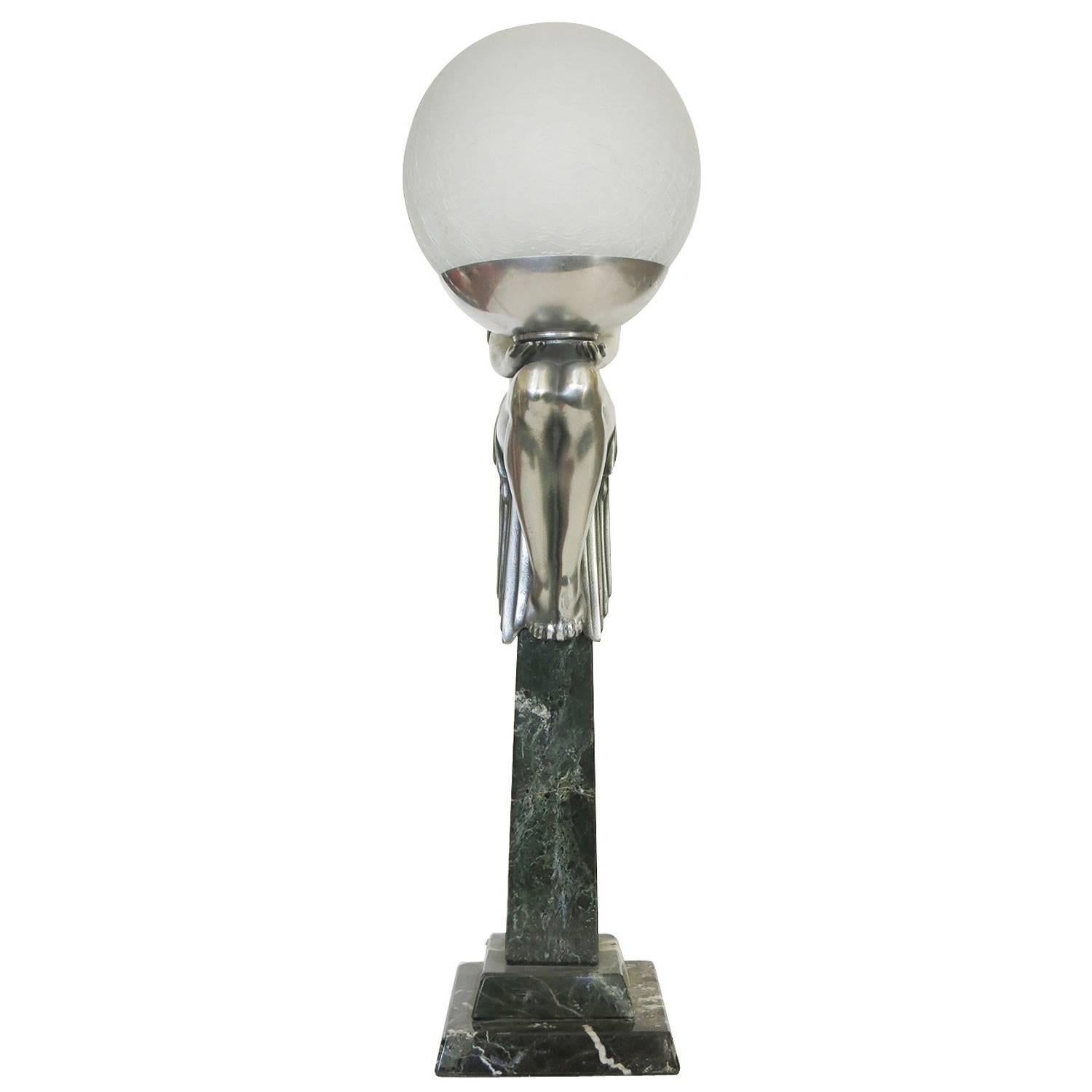 French Max Le Verrier Style Nude Flapper Obelisk Lamp 1