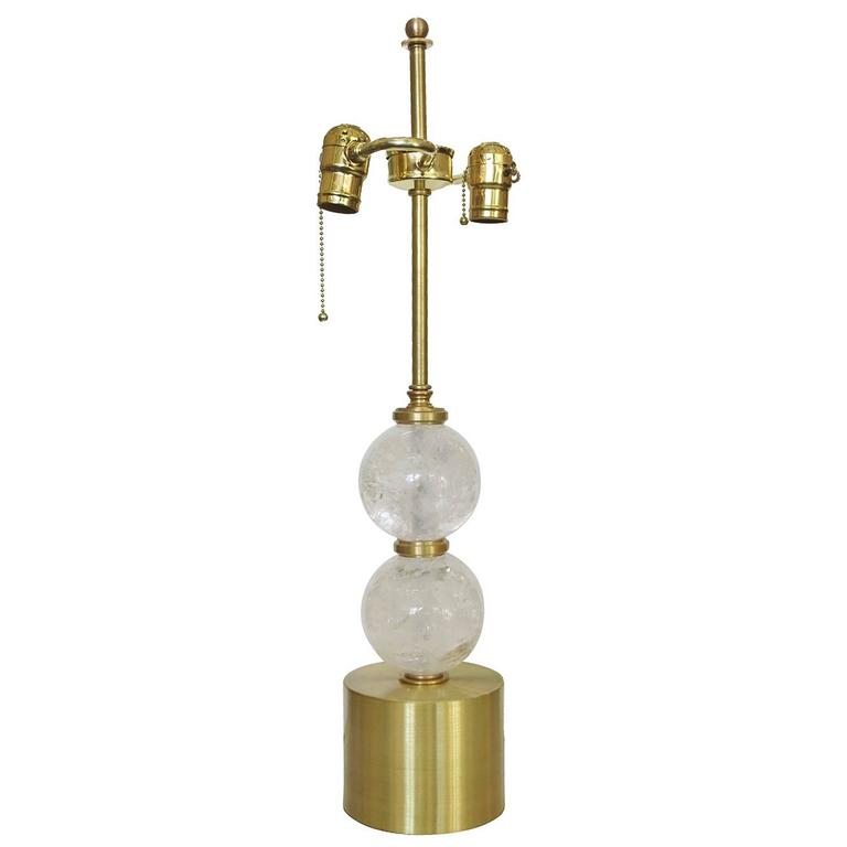 Mid-Century Modern Pair of High Style Brass and Rock Crystal Stone Table Lamps For Sale