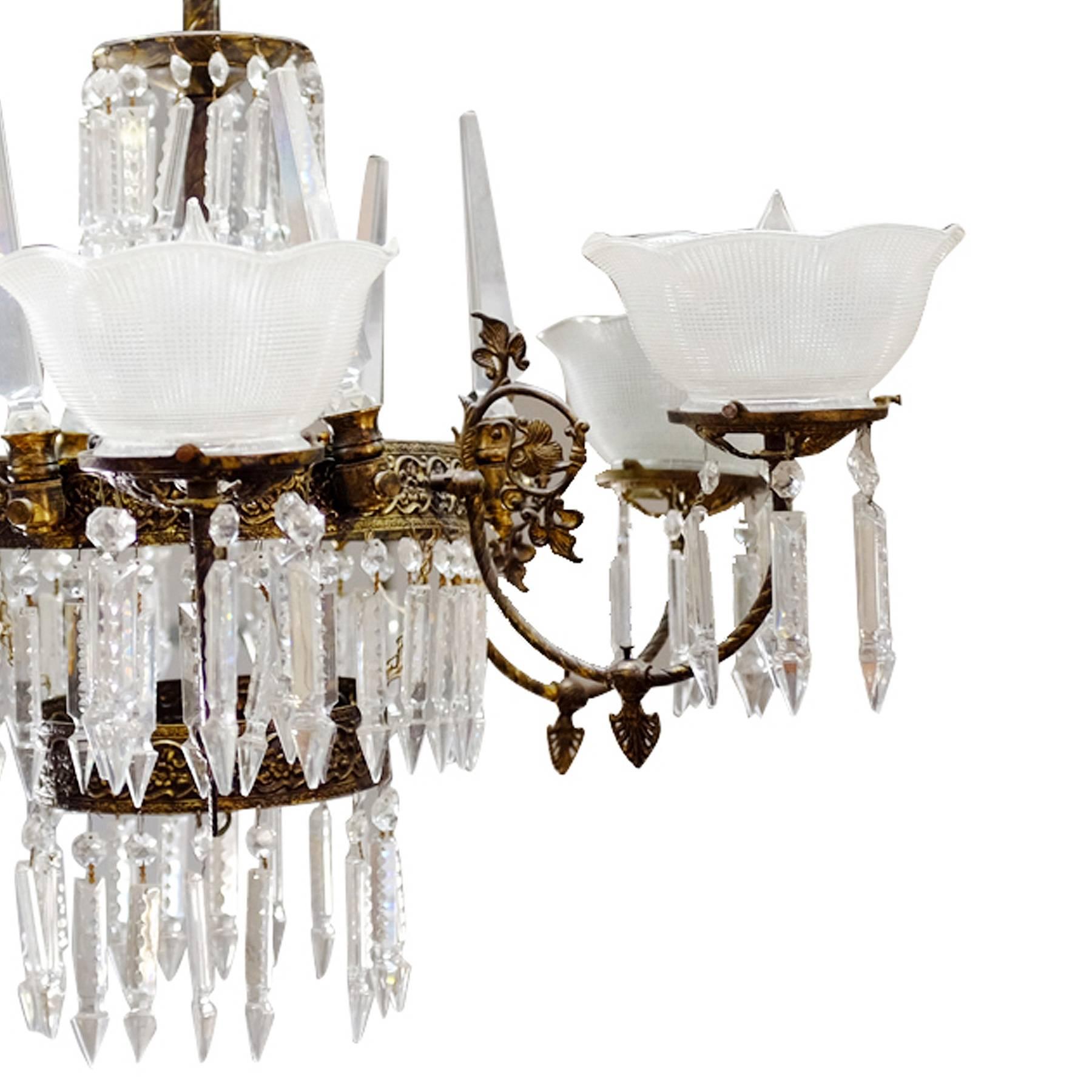 American Renaissance Style Brass and Crystal Gas Style Chandelier