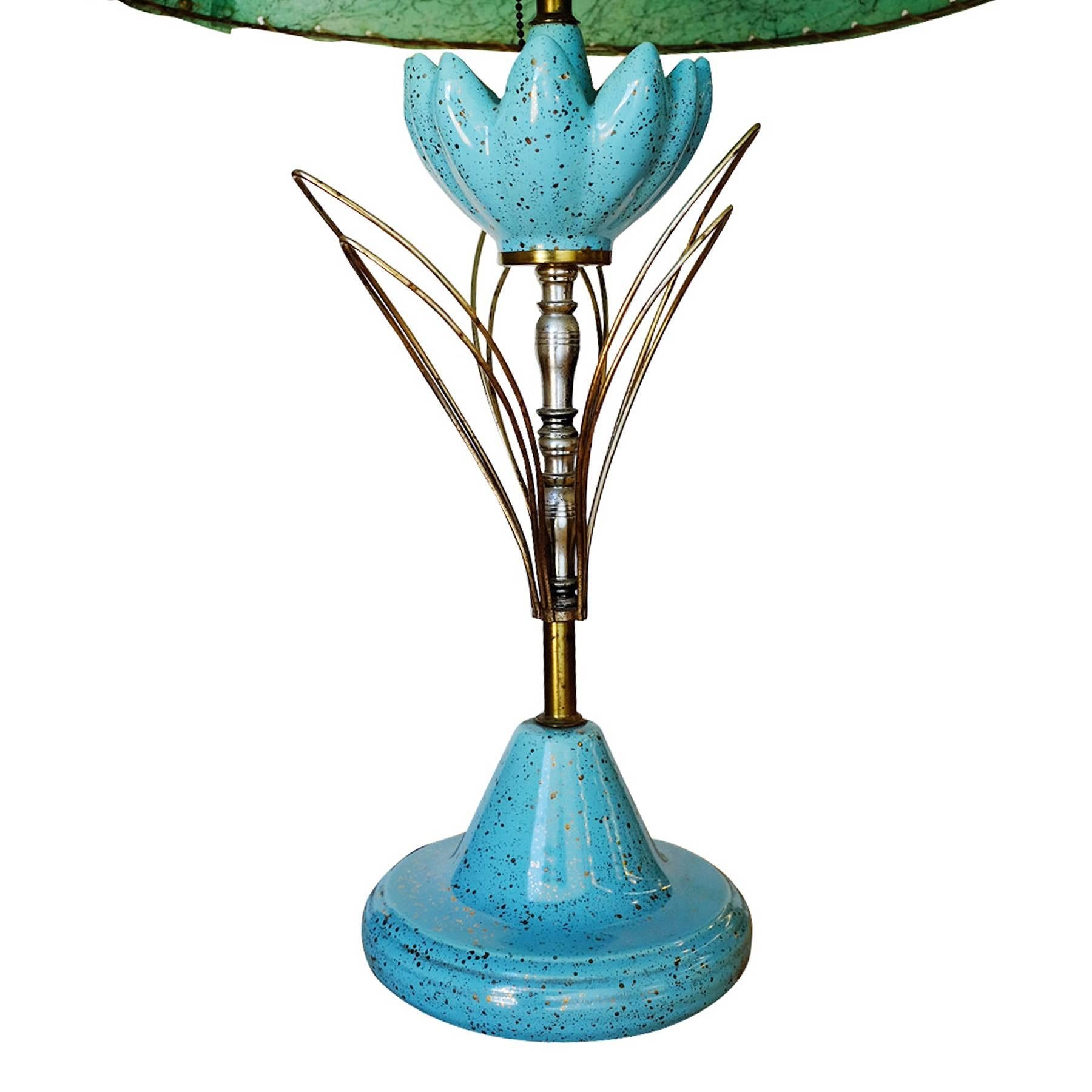 Mid-Century Modern Ceramic Sculptural Lotus Table lamp with Whipstitch Shade