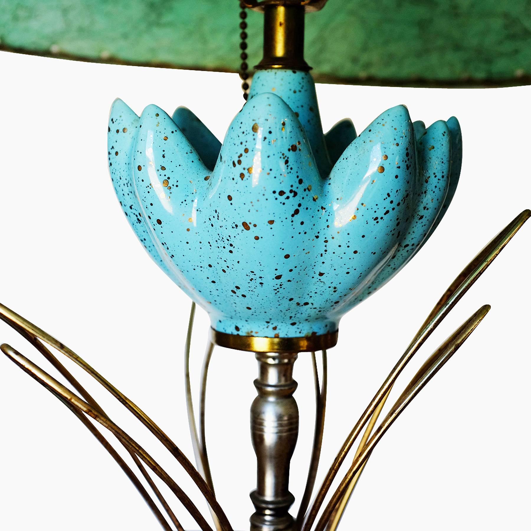 American Ceramic Sculptural Lotus Table lamp with Whipstitch Shade