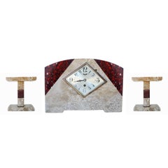 Pair of Italian Marble Art Deco Mantel Clock Set with Matching Garniture