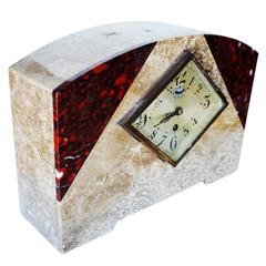 French Two-tone Marble Art Deco Mantel Clock Set With Matching Garniture