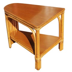 Restored Early Two-Tier Rattan Corner Side Table with Mahogany Table Top