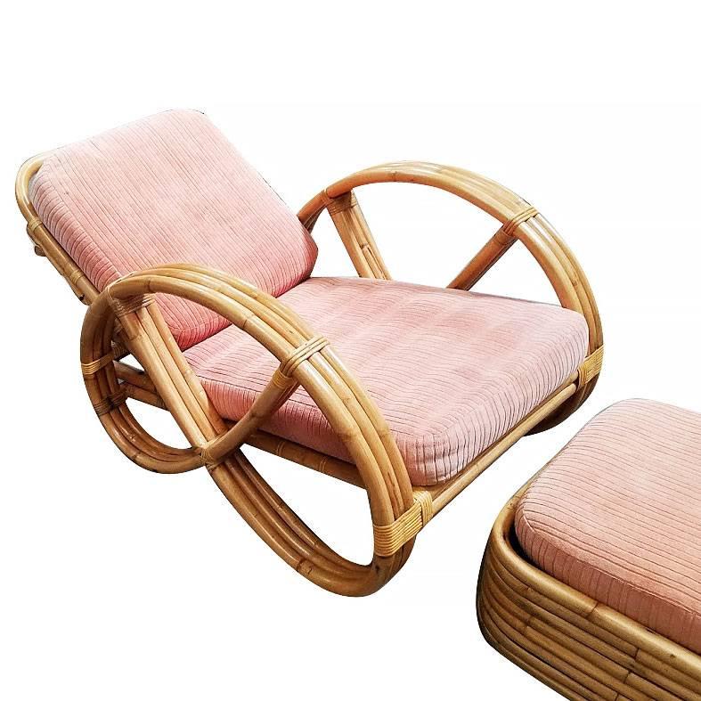 Mid-Century Modern Restored Round Full Pretzel Rattan Lounge Chair with Ottoman