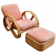 Restored Round Full Pretzel Rattan Lounge Chair with Ottoman