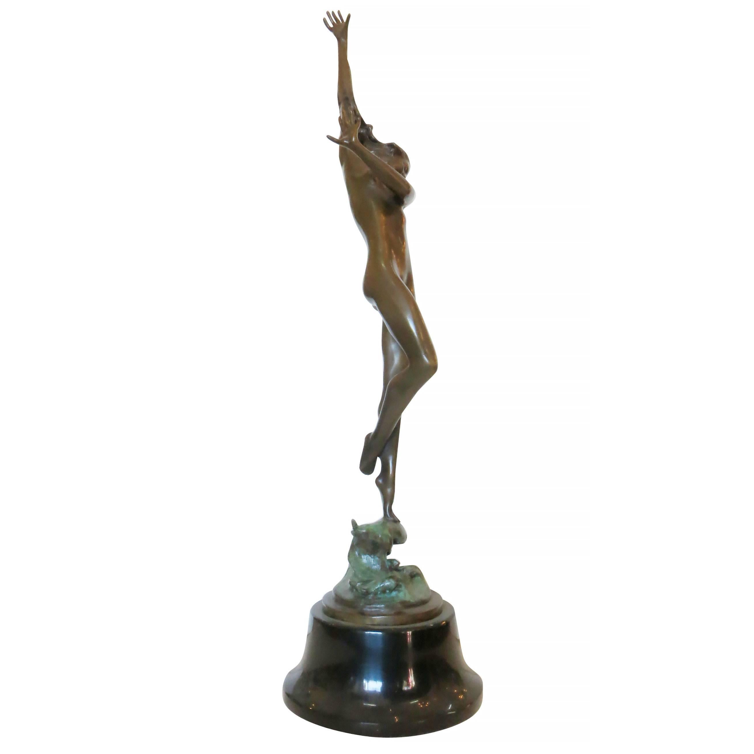 American Icart Art Deco Style Bronze Figural Nude Dancer Statue