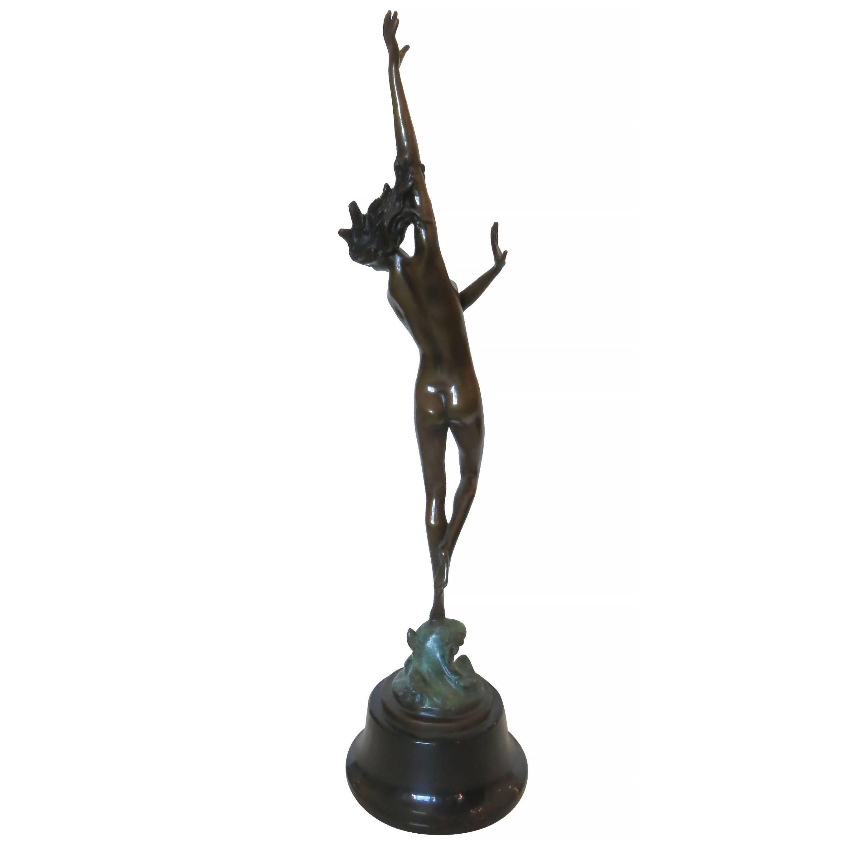 Icart Art Deco Style Bronze Figural Nude Dancer Statue In Excellent Condition In Van Nuys, CA