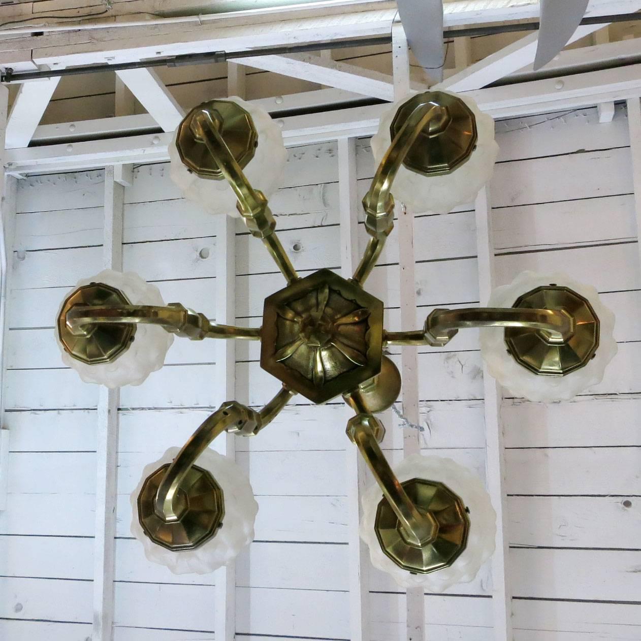 Early 20th Century Early Art Deco Brass Chandelier with Frosted Globe Shade ** Saturday Sale **