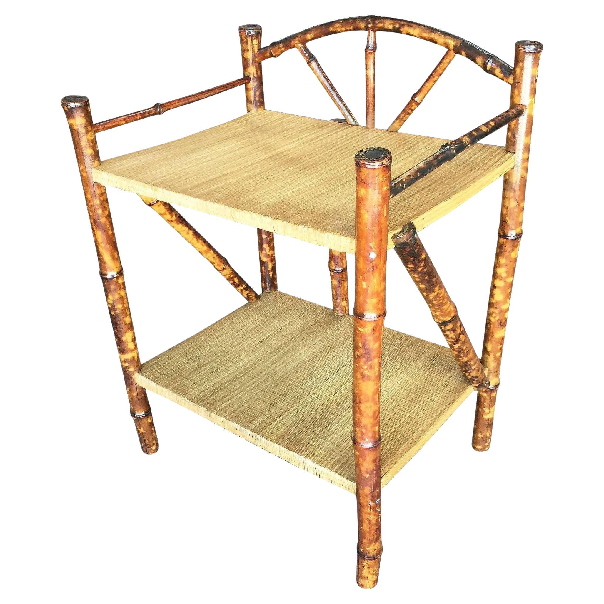 Restored Tiger Bamboo Two-Tier Short Shelf with Bottom Shelf For Sale
