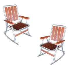 Retro Mid-Century Aluminum and Wood Outdoor Folding Rocking Chair, Pair