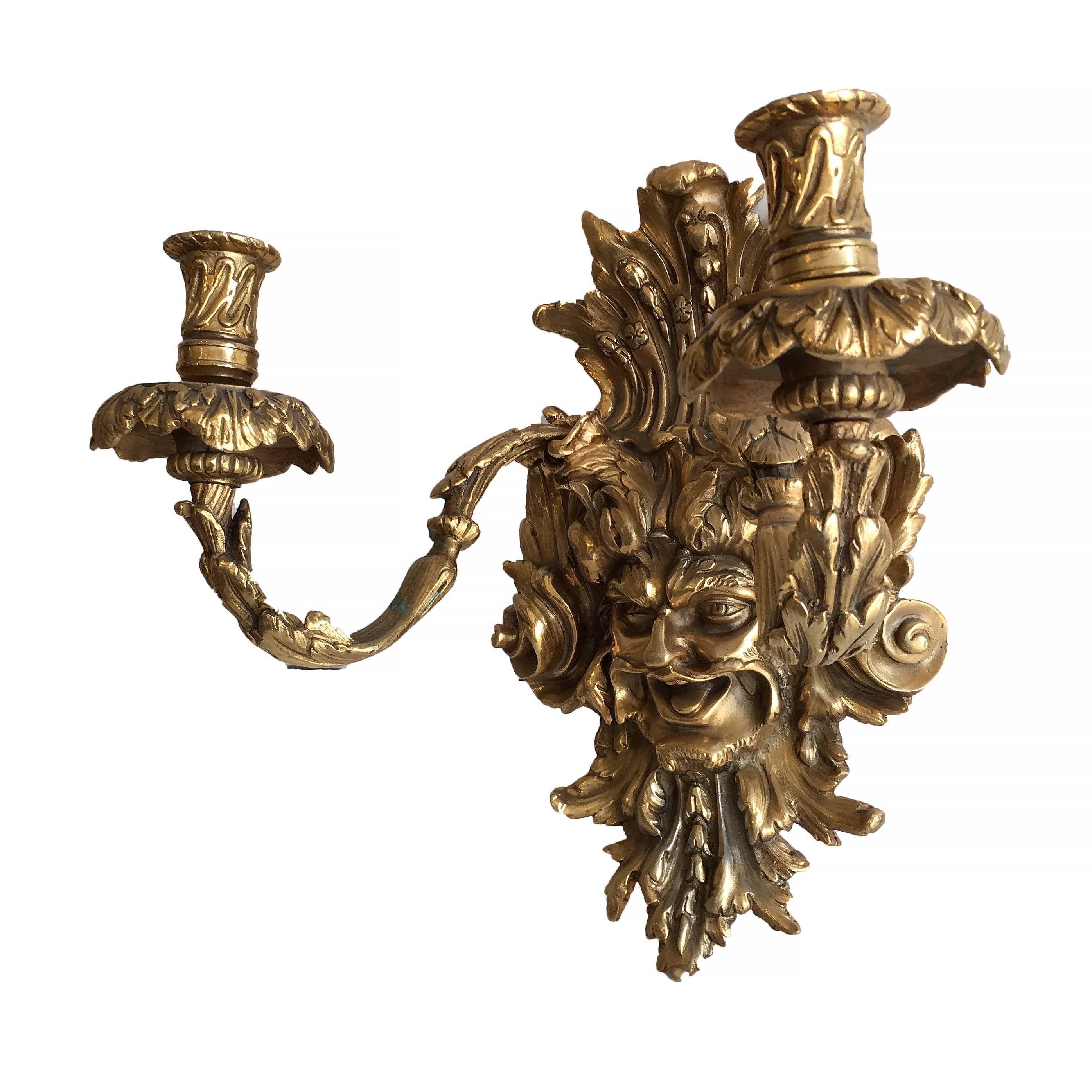 American Empire Style Bacchus Face Bronze Candle Wall Sconce, Pair