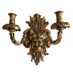 Empire Style Bacchus Face Bronze Candle Wall Sconce, Pair