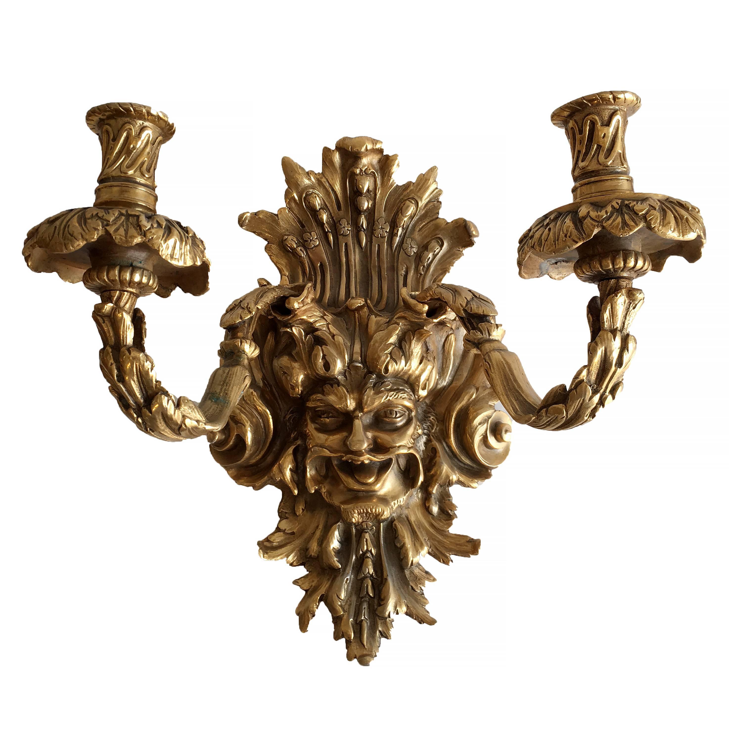 Empire Revival Empire Style Bacchus Face Bronze Candle Wall Sconce, Pair