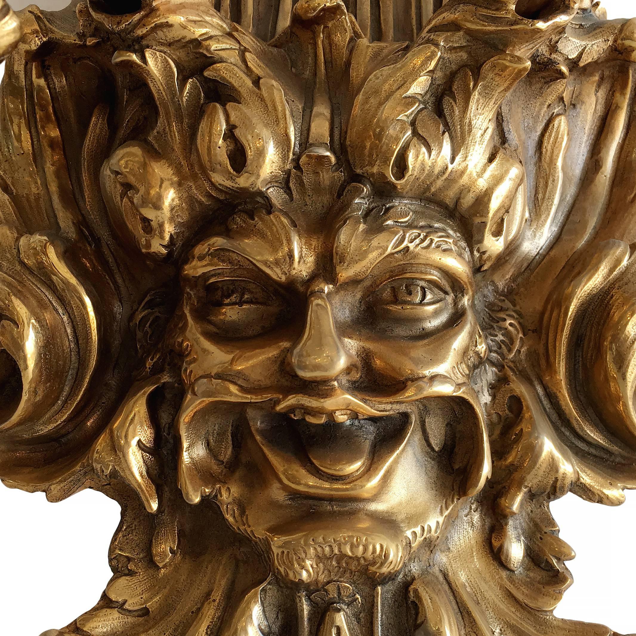 Contemporary Empire Style Bacchus Face Bronze Candle Wall Sconce, Pair