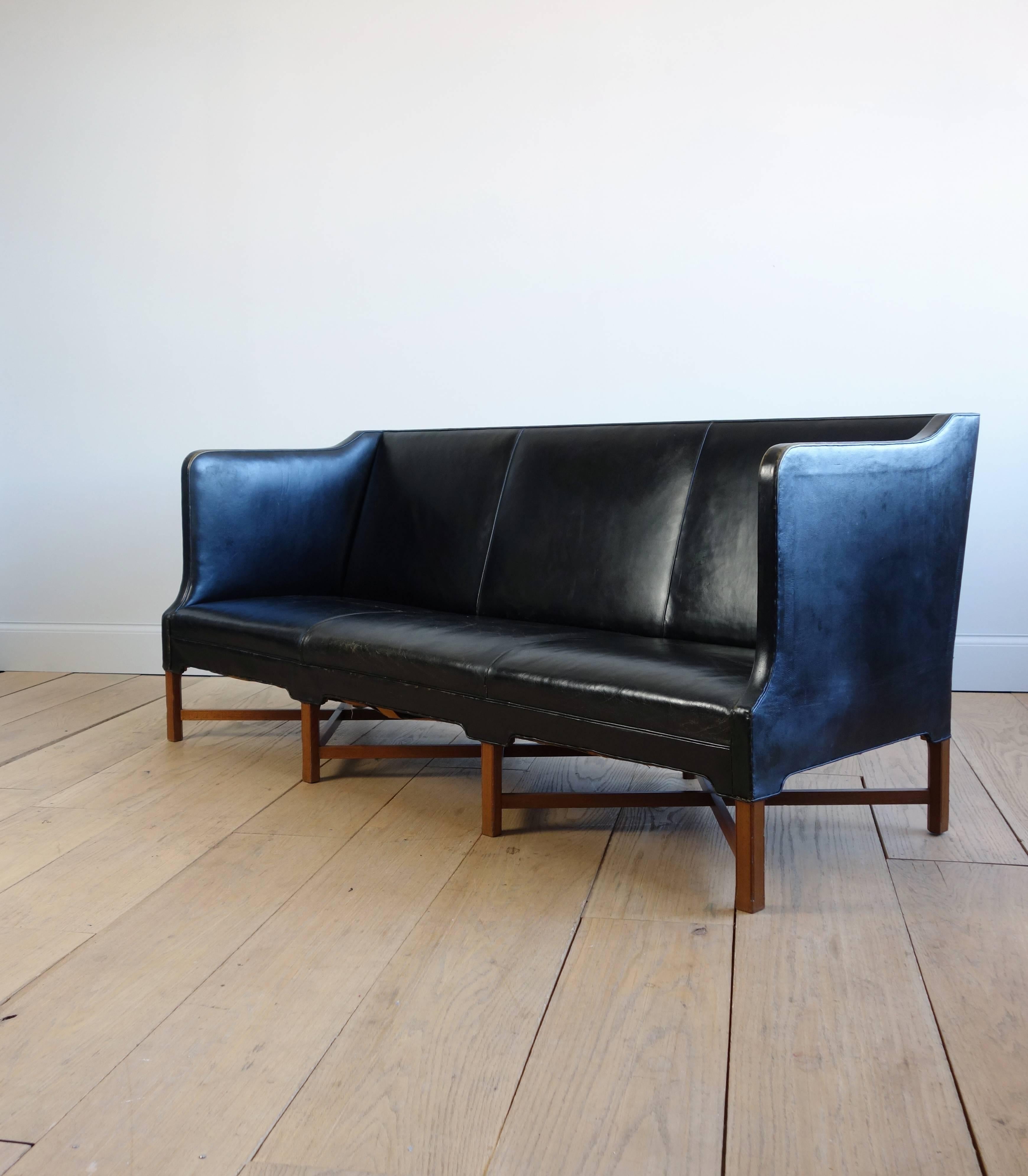 Scandinavian Modern Kaare Klint Three-Person Sofa, Original Leather