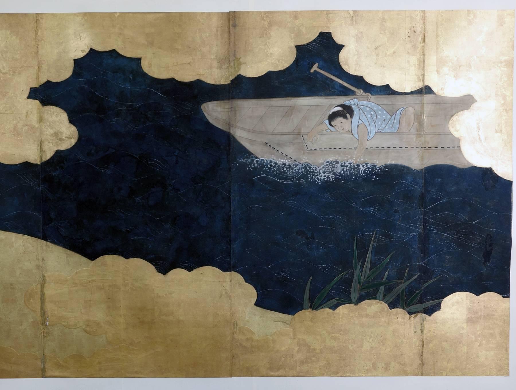 Edo Period Screen of a Foggy River with Three Figures In Fair Condition For Sale In New York, NY