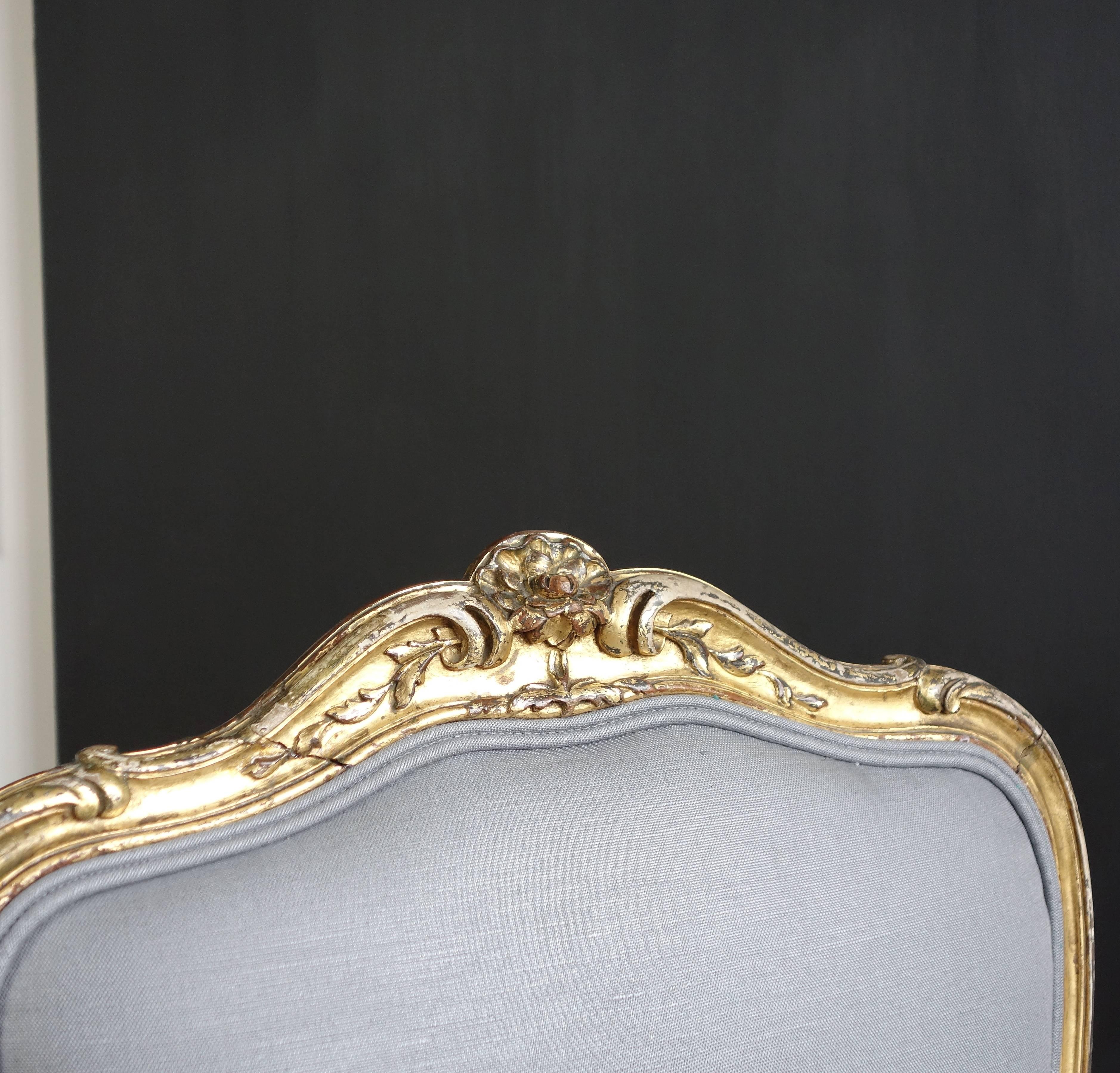 Linen French Carved and Gilt Side Chair