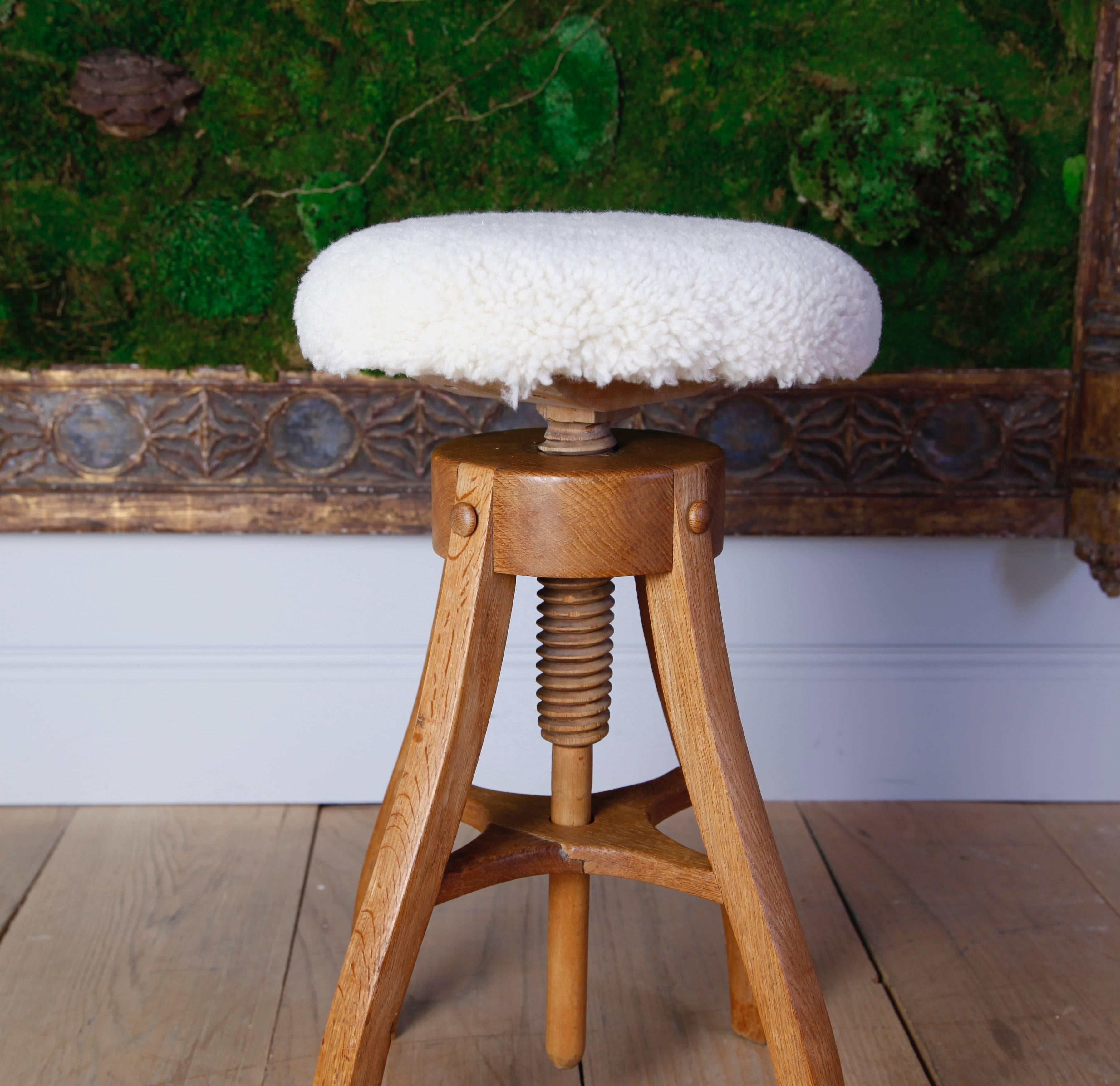 Scandinavian Modern Oak and Shearling Adjustable Work Stool by Fritz Hansen