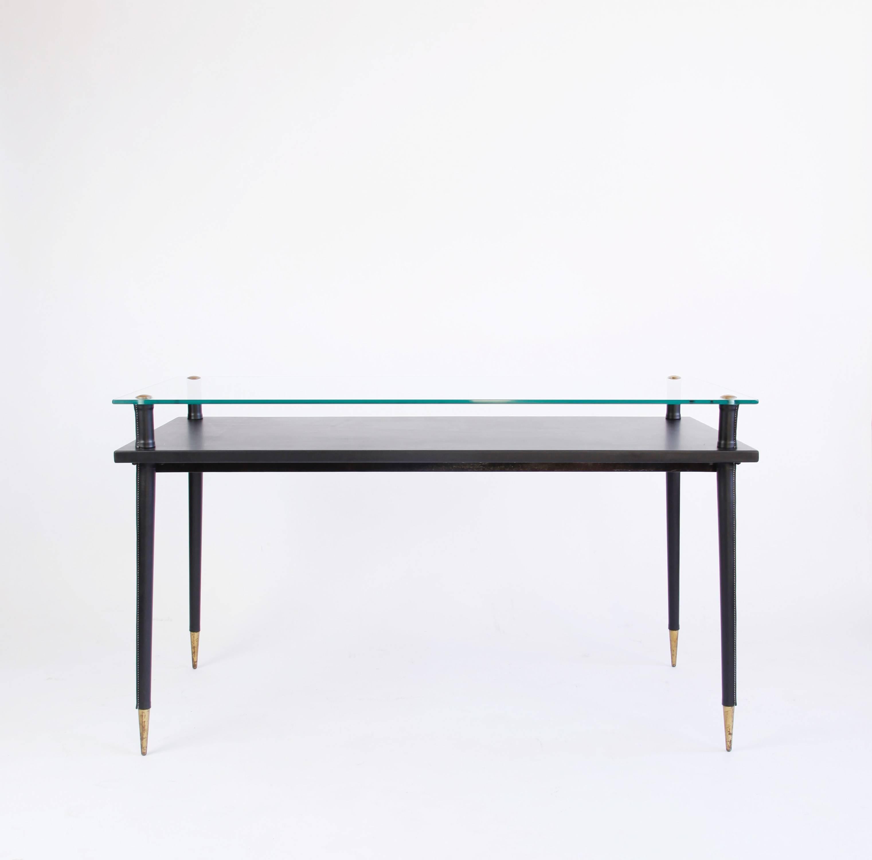 20th Century Glass and Leather Console Table Attributed to Jacques Adnet