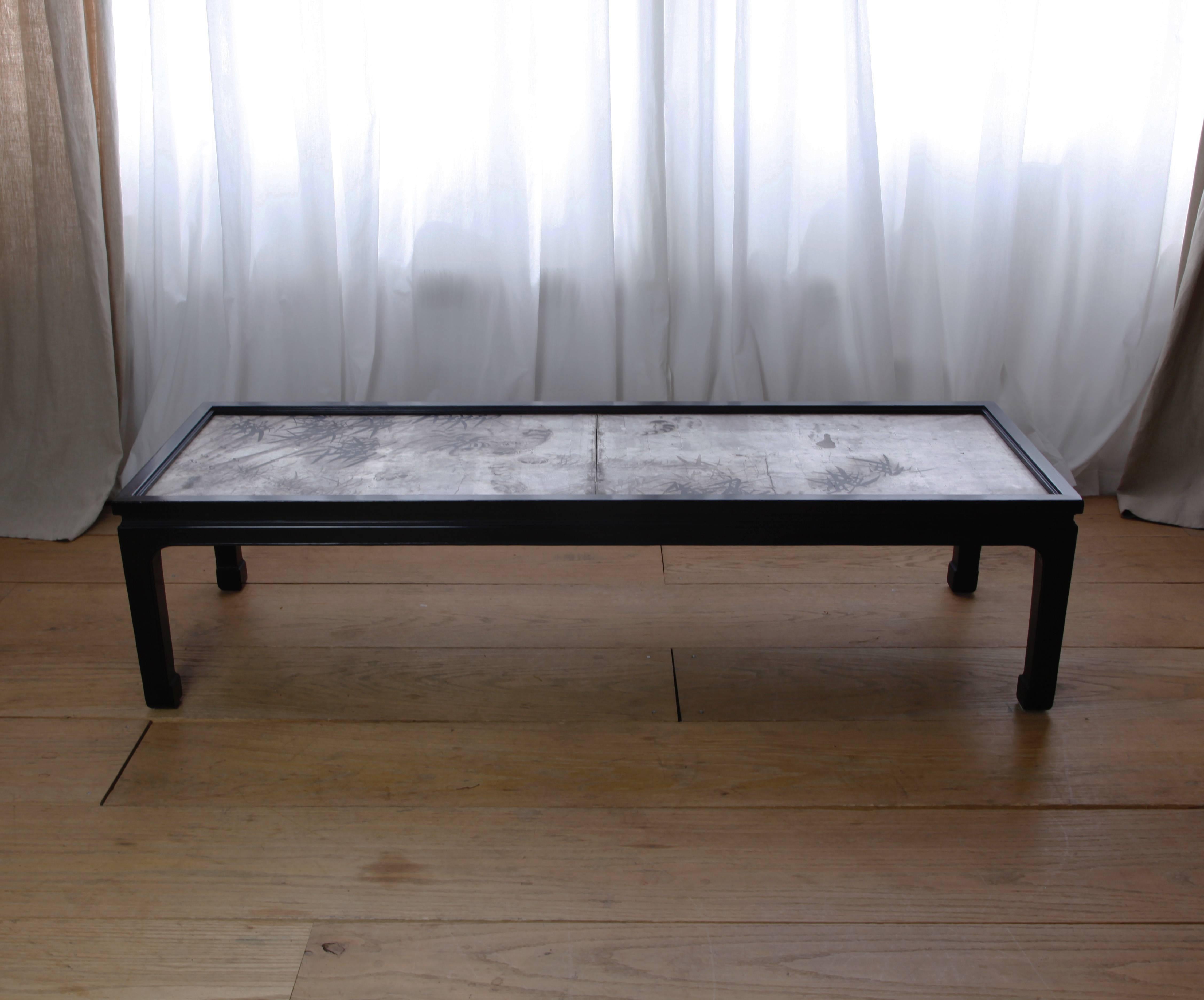 Lacquered Two-Fold Meiji Period Screen Mounted as a Low Table For Sale