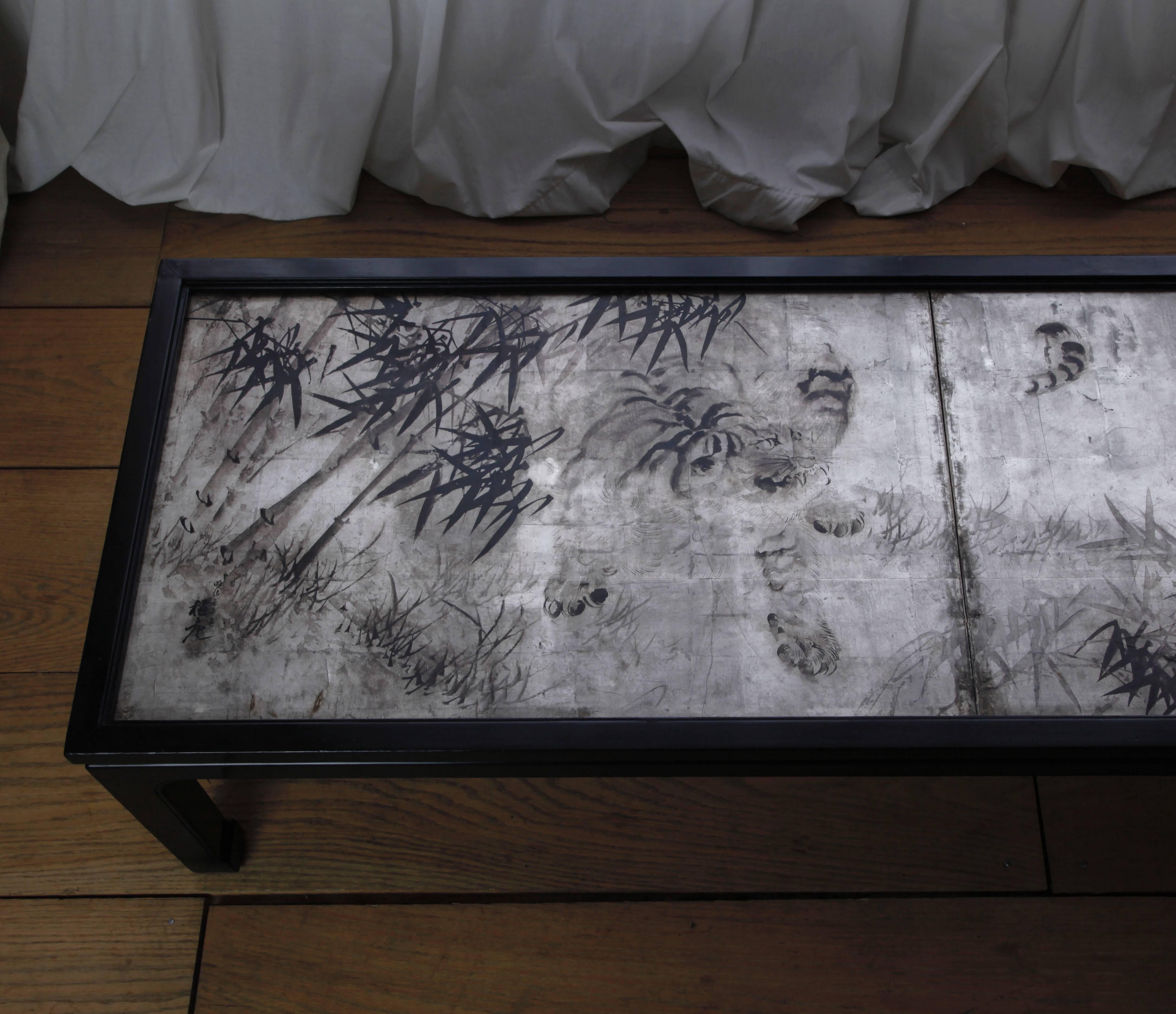 Two-Fold Meiji Period Screen Mounted as a Low Table In Good Condition For Sale In New York, NY