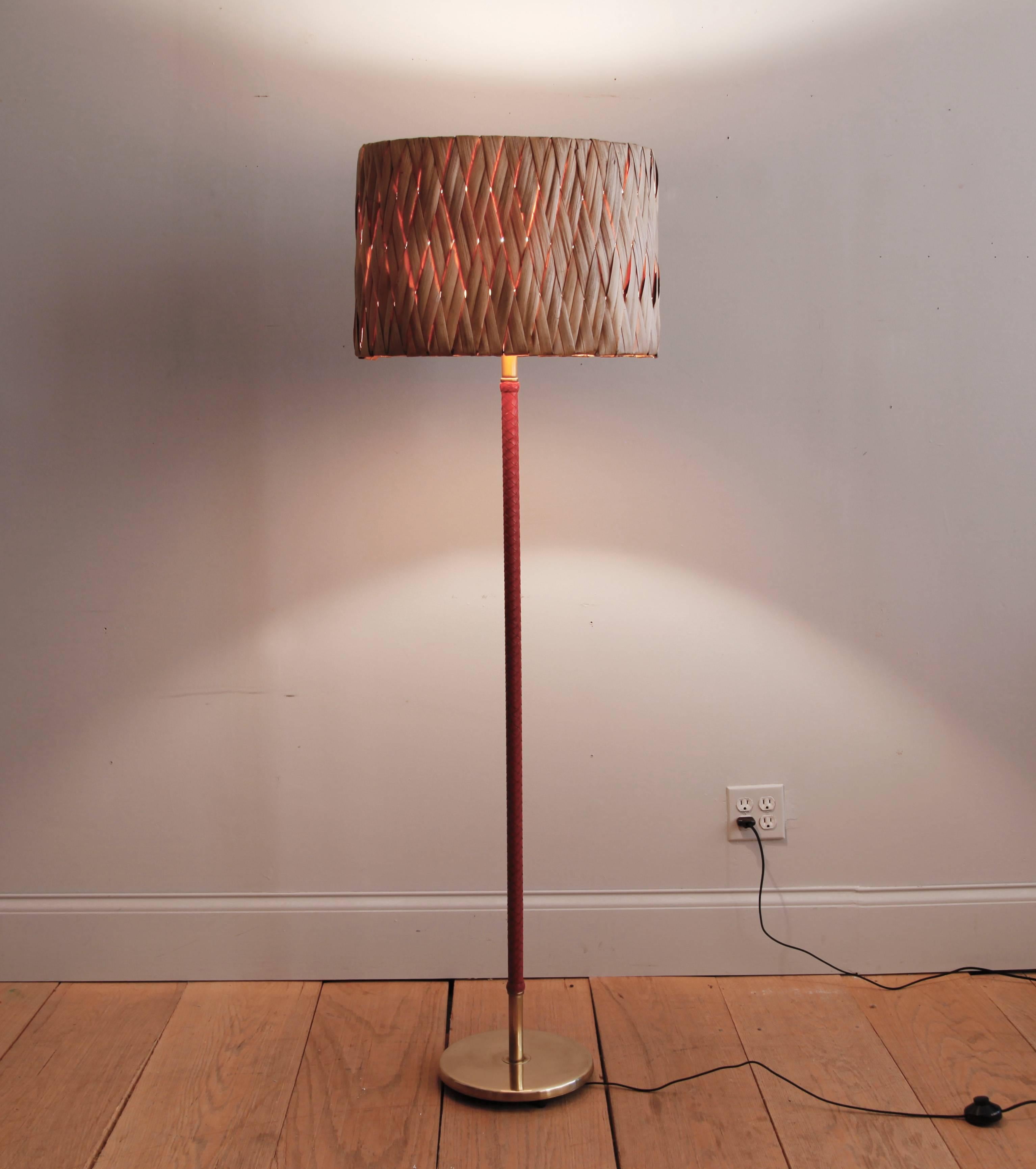 Scandinavian Modern Swedish Brass Floor Lamp with Braided Leather Stem