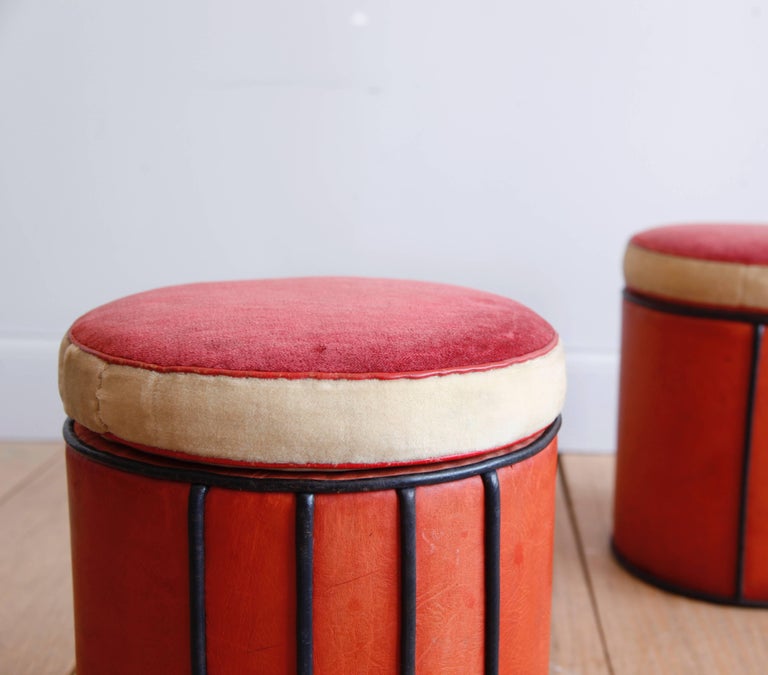 Pair of French Art Deco Leather and Velvet Stools at 1stDibs