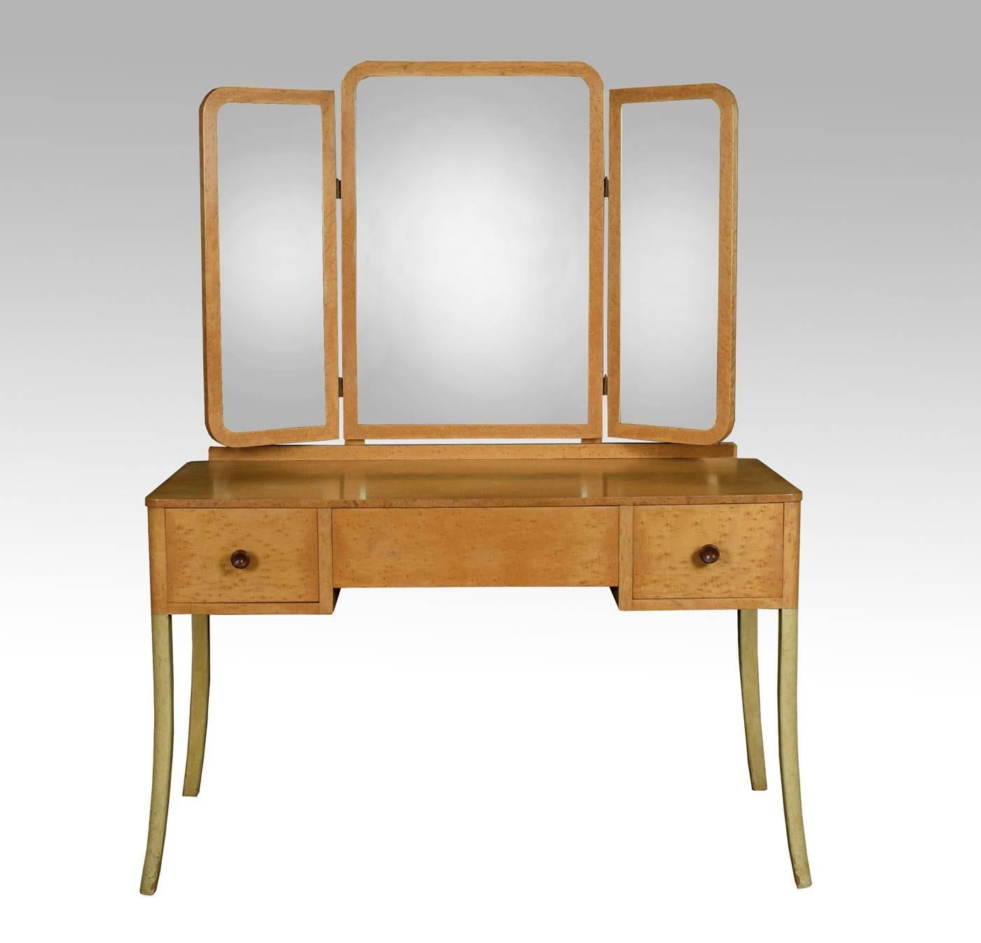 Art Deco bird's-eye maple dressing table and matching stool, the dressing table having mirrored superstructure with large central mirror with smaller mirror to either side. The rectangular removable glazed top with rounded corners above three freeze