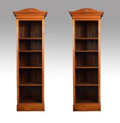 Pair of Tall Walnut Narrow Open Bookcases