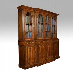 Queen Anne Revival Walnut Four Door Breakfront Bookcase