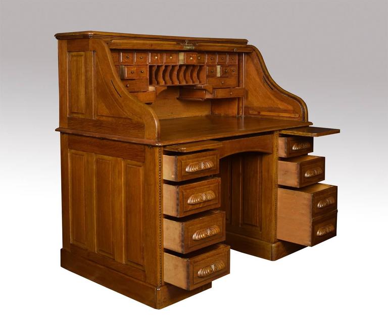 Oak Pedestal Roll Top Desk At 1stdibs Oak Double Pedestal Roll Top Desk The High Back With Ed Interior Of Pigeon Holes
