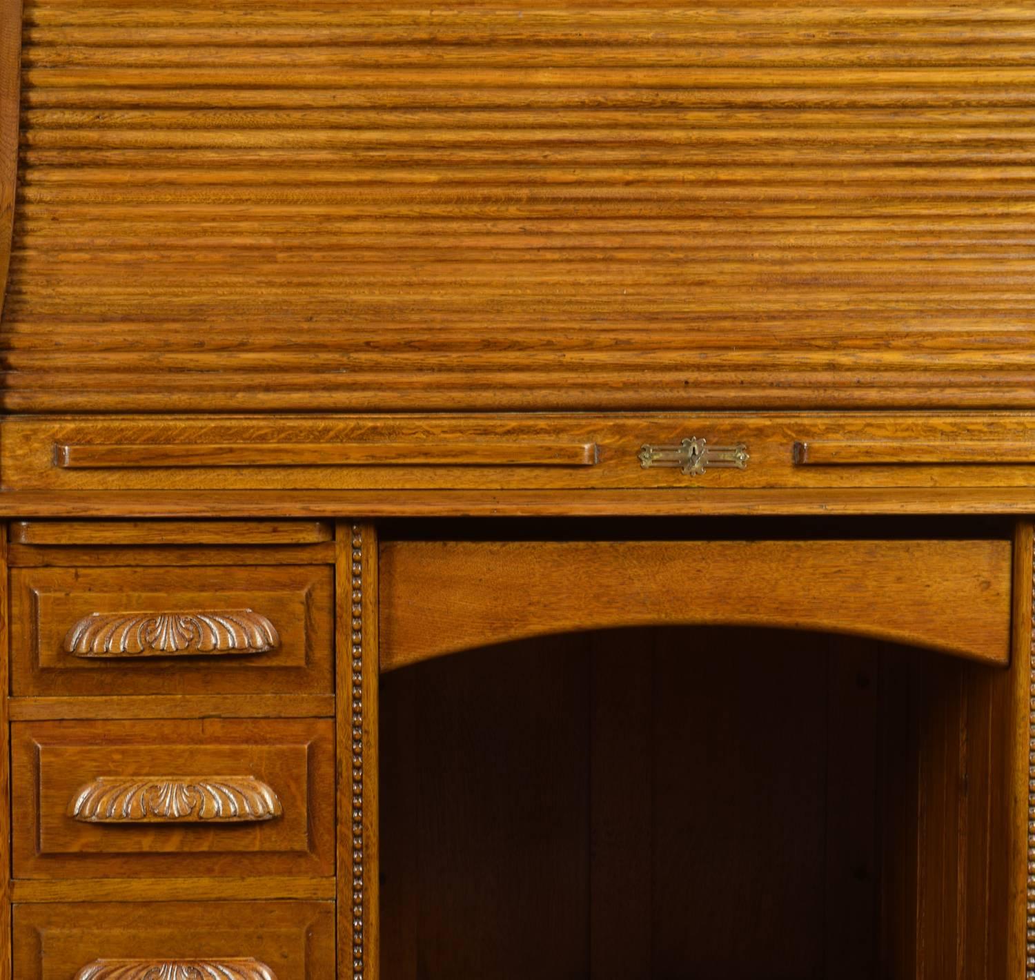 19th Century Oak Pedestal Roll Top Desk