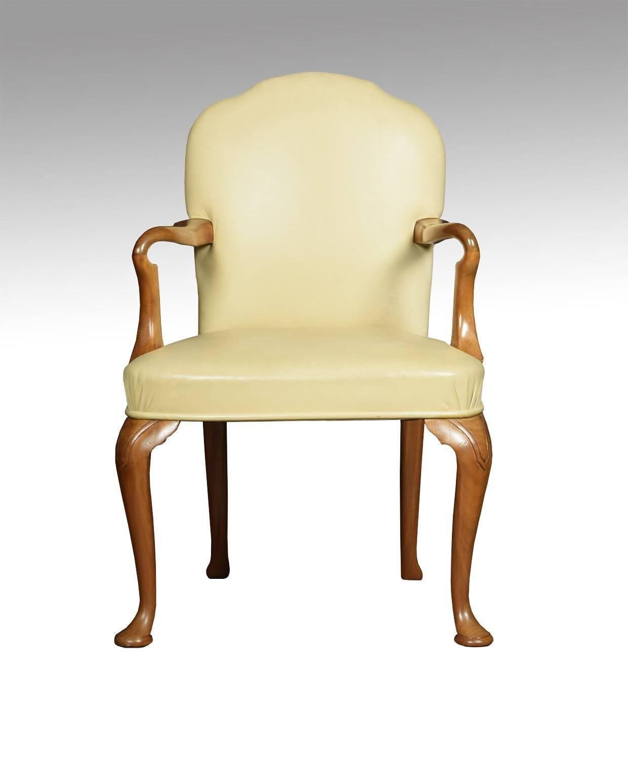 Pair of Queen Ann style office armchairs the cream leather upholstered back and seat flanked by walnut arms. All raised up on cabriole legs termination in pad feet
Dimensions
Height 37 inches, height to seat 18 inches
Width 24 inches
Depth 20
