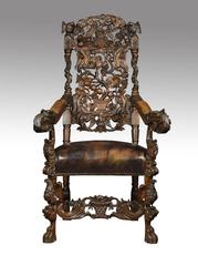 Monumental Pair of Victorian Carved Oak Throne Armchairs