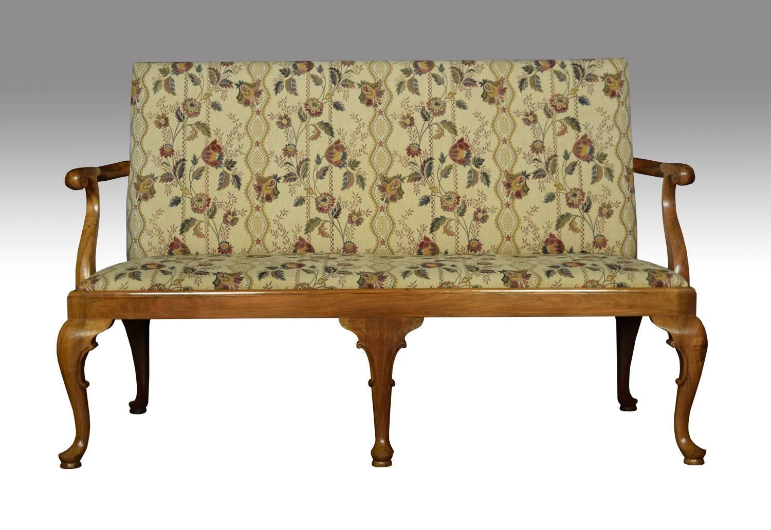 Pair of walnut framed settees, having rectangular upholstered back and seat flanked by scrolling arms. All raised up on cabriole legs terminating in pad feet.
Dimensions
Height 40 inches height to seat 18 inches
Width 64 Inches
Depth 29 Inches.