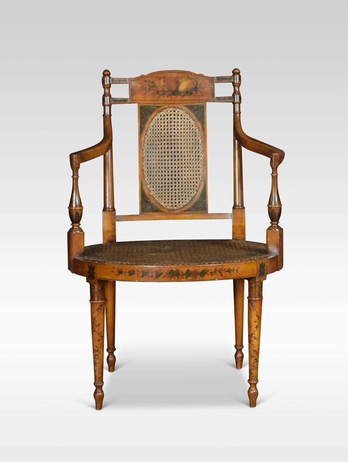 Edwardian satinwood armchair, the shaped back with neoclassical painted design and inset bergere back and seat, with removable upholstered cushion. Flanked by out swept arms. All raised up on four turned tapering legs.
Dimensions
Height 37 Inches