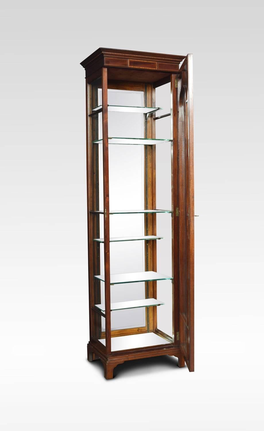 Edwardian mahogany shop display cabinet with an inlaid and cross banded cornice and frieze, above a single astragal glazed door. The interior with mirrored back and floor with three full depth glass shelves and three further shallower adjustable