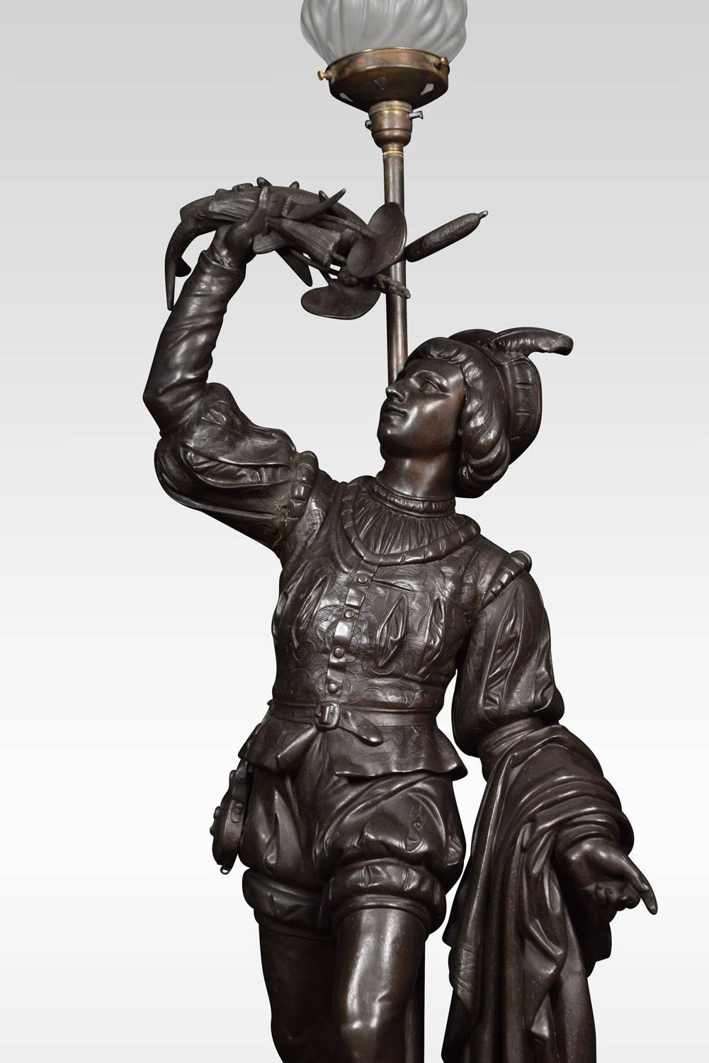 19th century spelter figure with fine detailed casting, in traditional dress, depicting a fisherman with raised arm, standing on circular base with his catch at his feet.
Dimensions
Height 43 inches
Width 14 inches
Depth 11.5 inches.