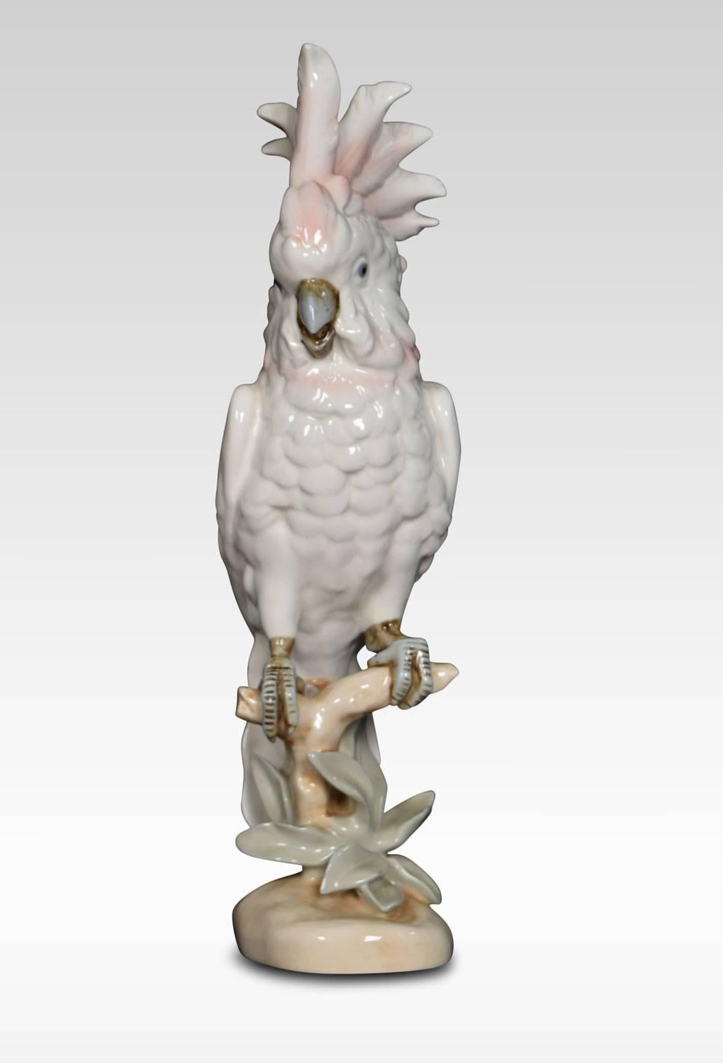 Mid-20th century Royal Dux porcelain figure of a cockatoo. The cockatoo is displaying it’s crest and is sitting on a branch with flowers underneath. The bottoms marked with all the appropriate Royal Dux insignia.
Dimensions:
Height 16.5