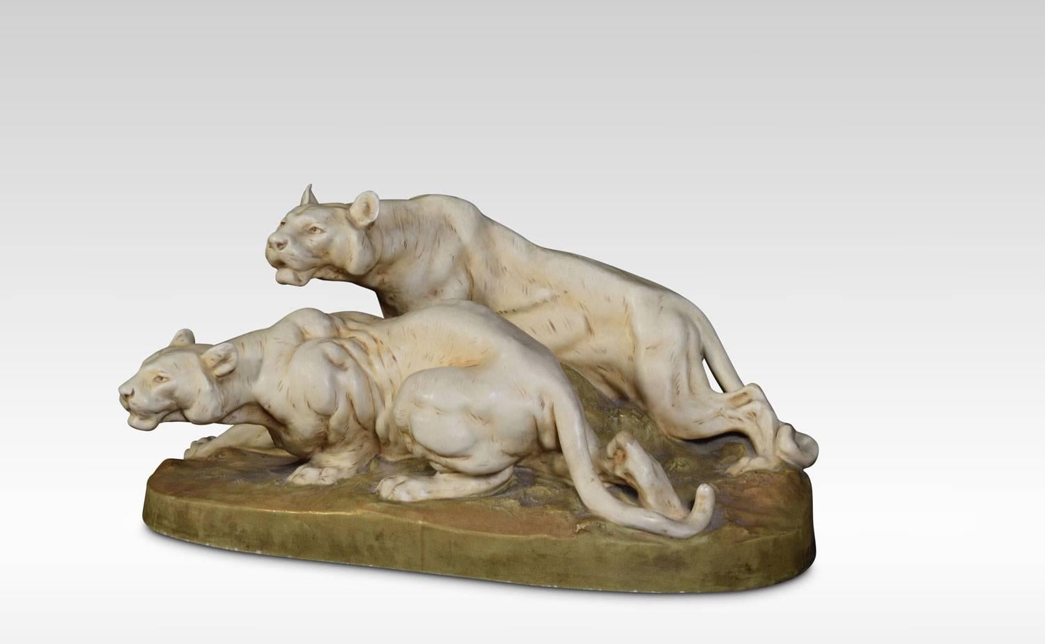 Czech Large Royal Dux Figure of Two Lionesses