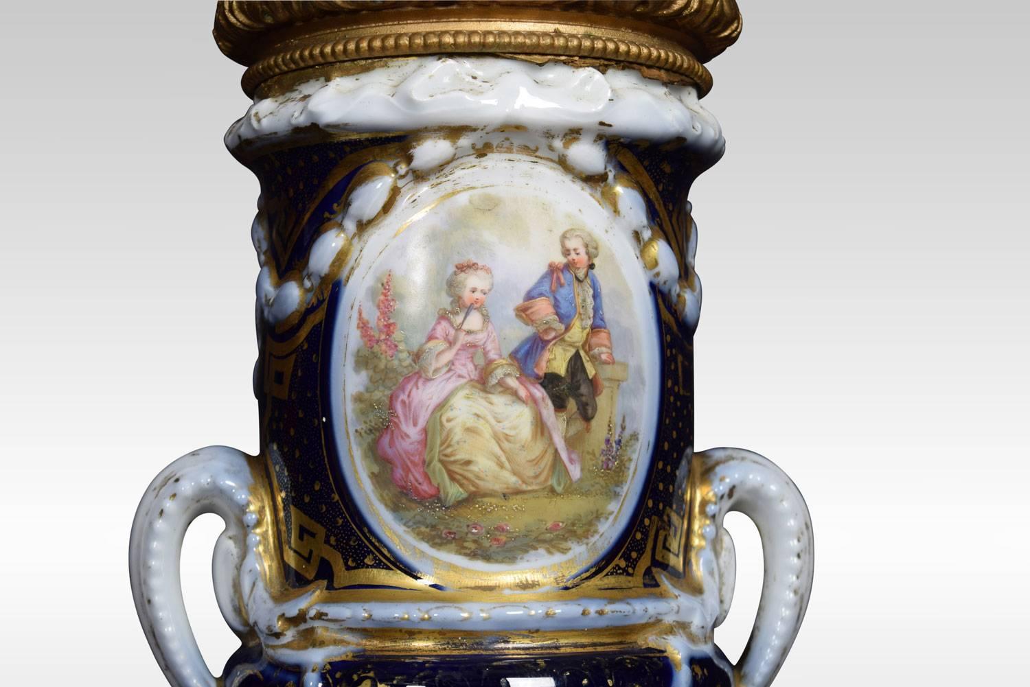 French Sevres Style Twin Handled Handle Painted Lamp Base 1