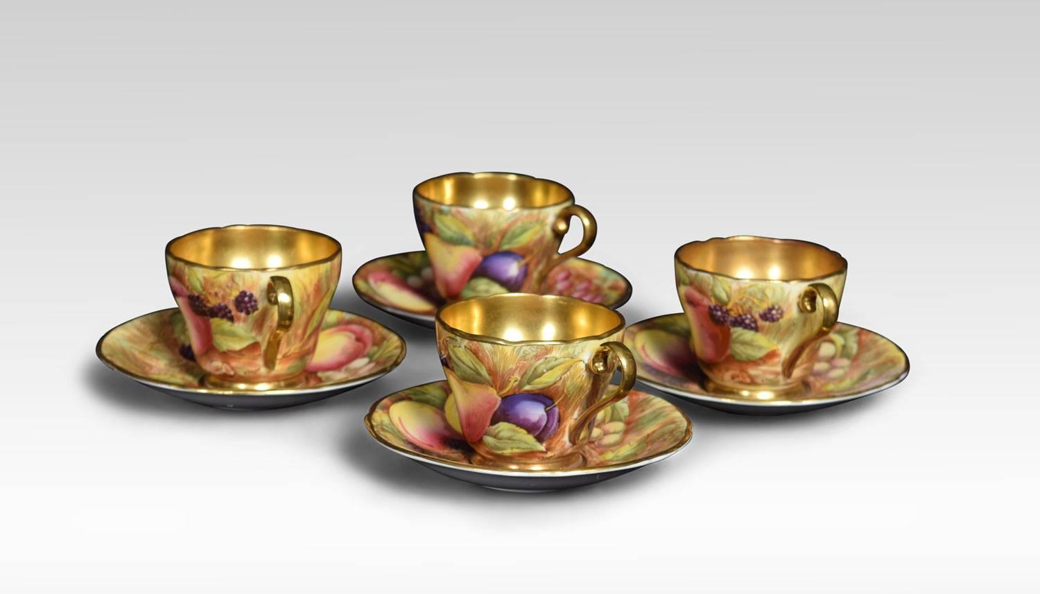 Aynsley tea service painted with fruit by D. Jones with gilt interiors comprising; teapot, sugar bowl, milk jug, four teacups and four saucers.
Dimensions

Cups
Height 2 Inches
Width 2.5 Inches
Depth 3.5 Inches

Saucers
Height 0.5 Inches
Width 5