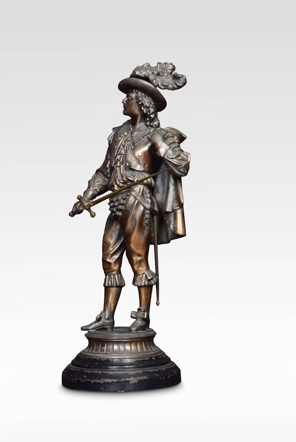A 19th century bronzed figure of a cavalier in traditional dress, holding a sword. Raised up on circular ebonized base.
Dimensions:
Height 20.5 inches
Width 8 inches
Depth 8 inches.
