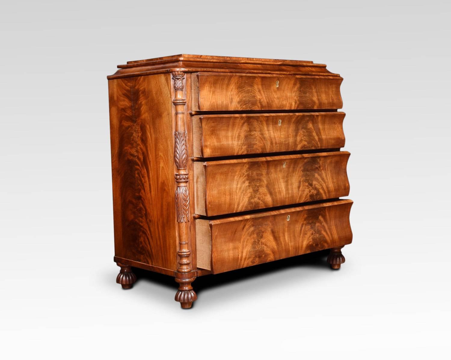 19th century Biedermeier mahogany chest, with stepped top over four long graduated drawers flanked by chamfered acanthus capped columns. All raised up on gadrooned carved feet.
Dimensions:
Height 41.5 inches
Width 43 inches
Depth 22 inches.